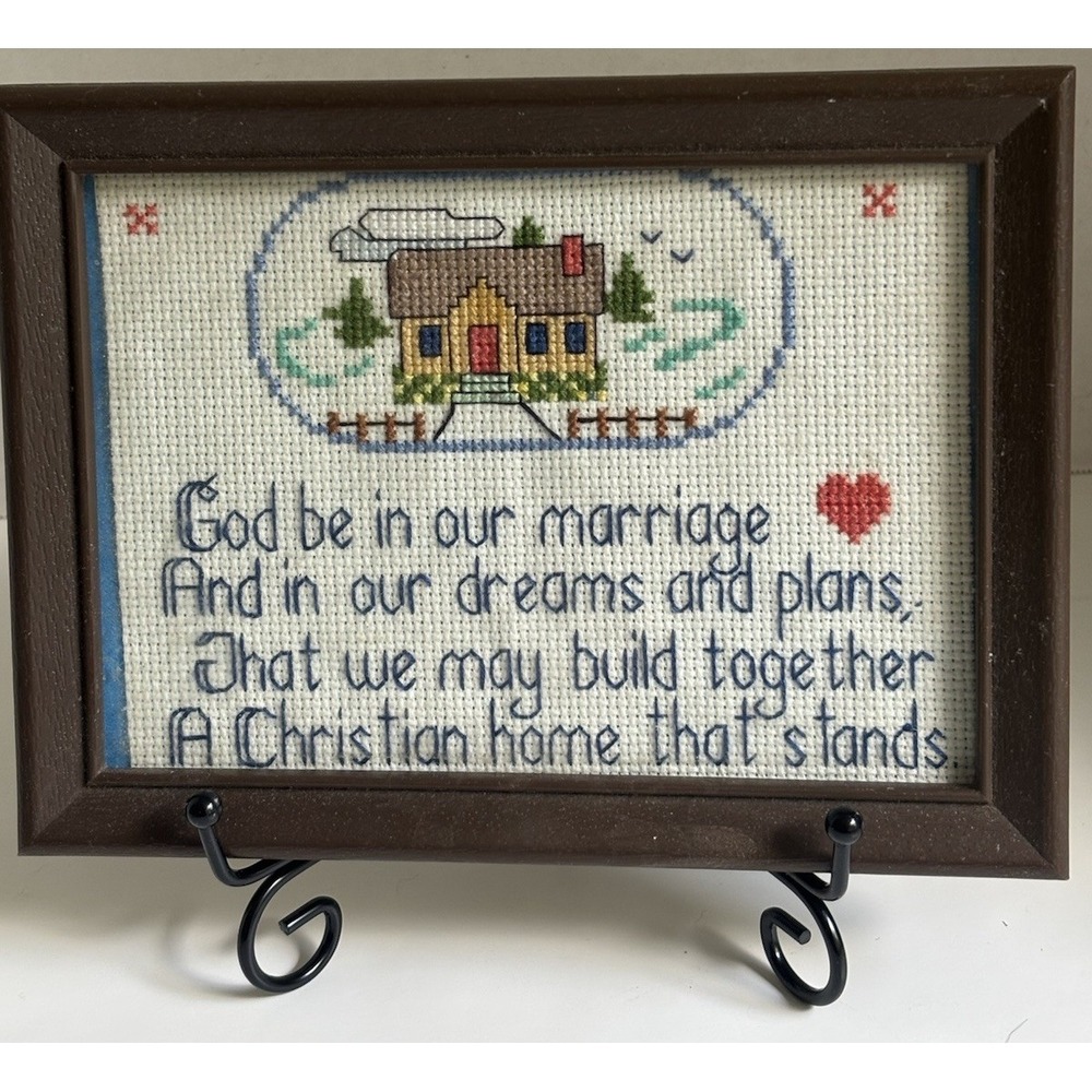 Completed Cross Stitch Granny Core Christian Home Marriage God Framed 5x7
